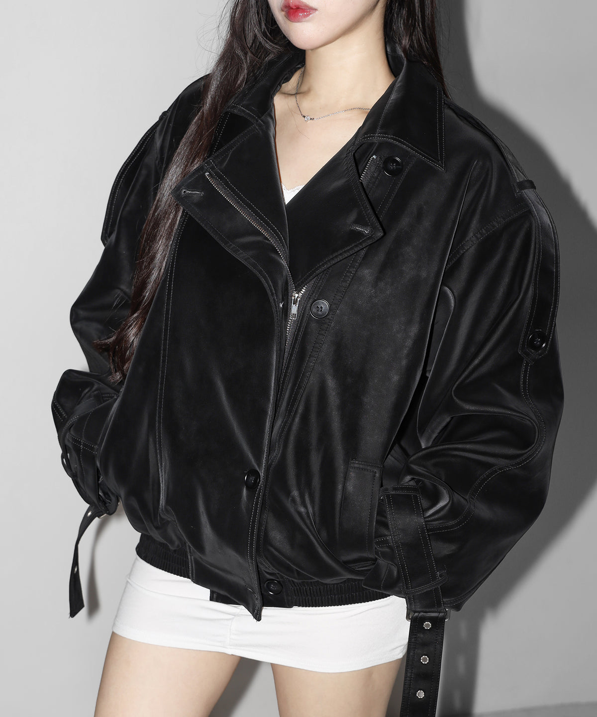 ヴィンテージフェイクレザーベルテッドジップアップオーバーブルゾン / Vintage fake leather belted zipup over blouson