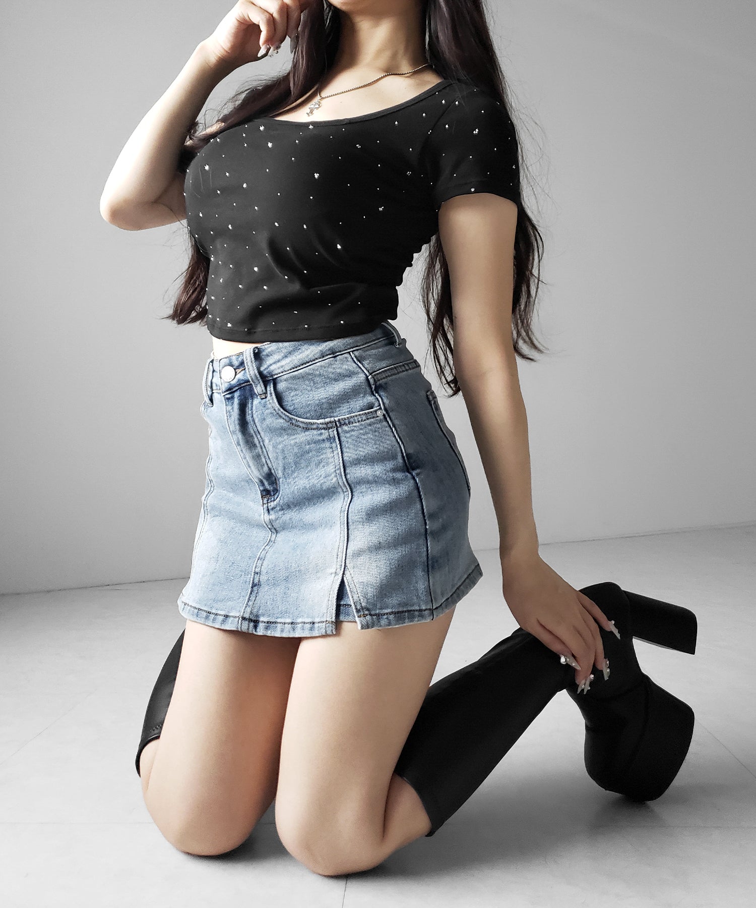 ミニスリットストレッチレイヤードデニムミニスカパン / mini slit stretch layered denim mini skirt pants
