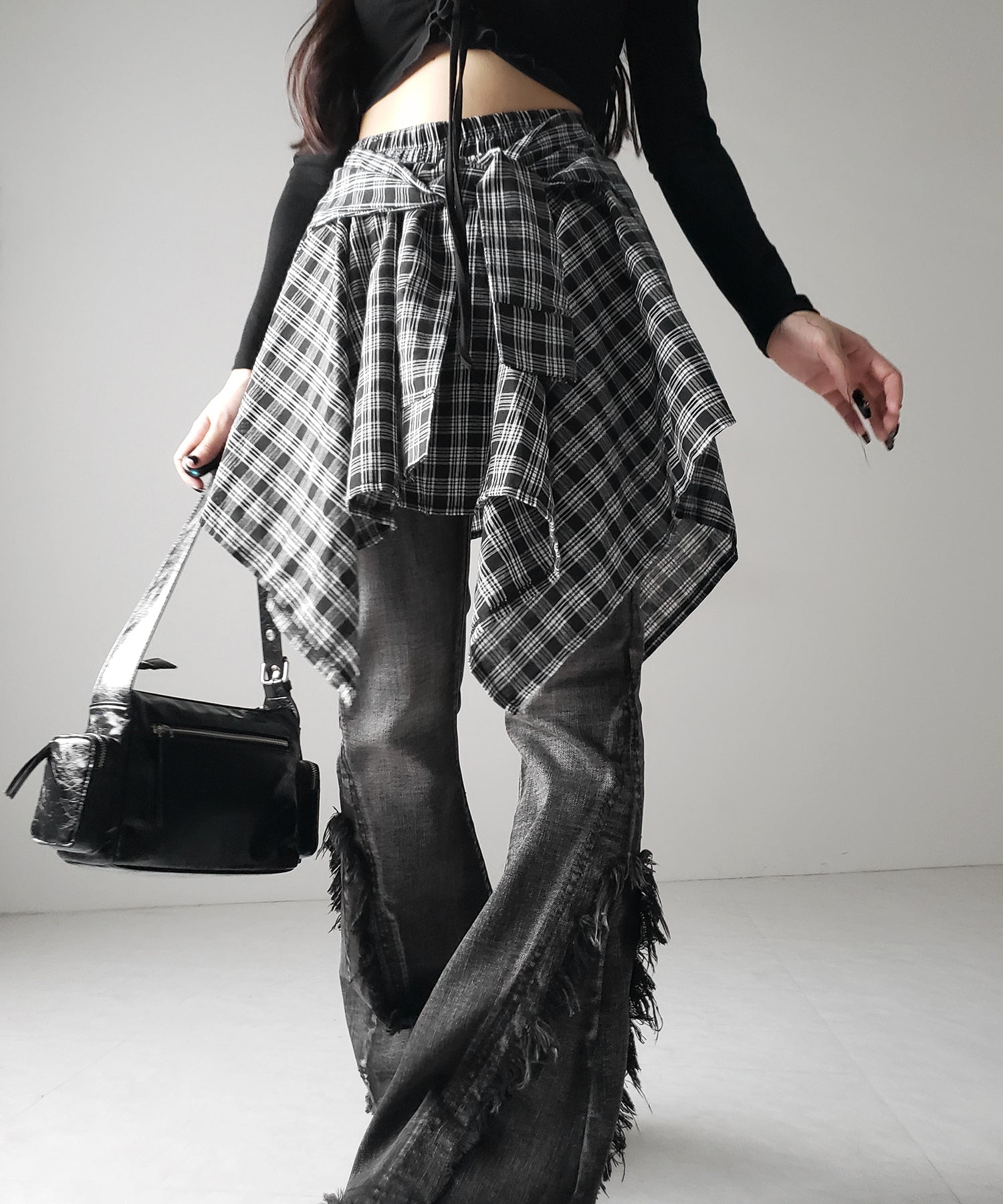 【 選べる2素材/インナーパンツ裏地付 】シャツレイヤードチェックミニスカート / shirt layered check mini skirt