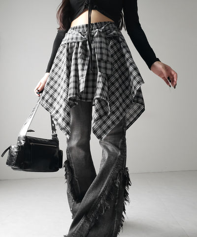 【 選べる2素材/インナーパンツ裏地付 】シャツレイヤードチェックミニスカート / shirt layered check mini skirt