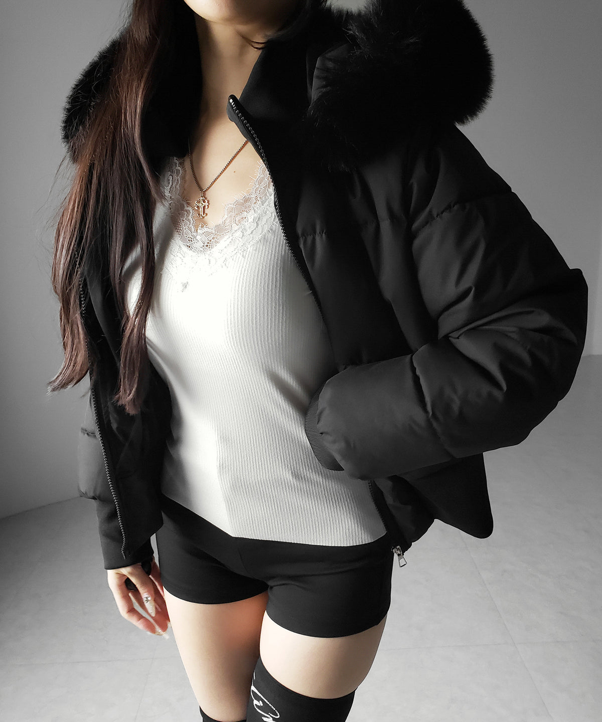 【 微起毛 】レーストリムタイトリブ長袖Tシャツ / lace trim tight rib long sleeve T-shirt