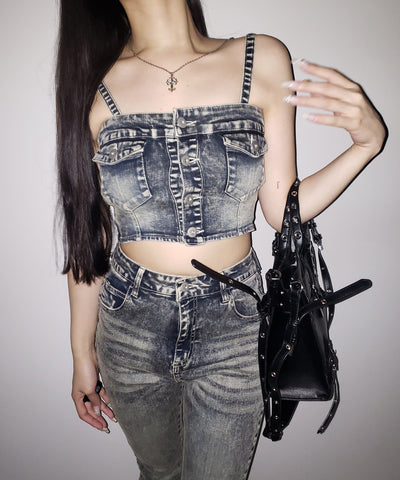 【 セットアップ 】ヴィンテージライクデニムビスチェ + ストレッチフレアデニム SET / 【 SET UP 】 vintage like denim bustier + stretch flare denim