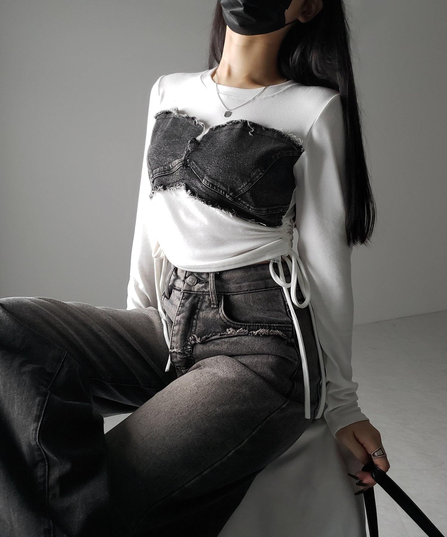 【 2color 】サイドリボンダメージデニムドッキングTシャツ / side ribbon damage denim docking Tee