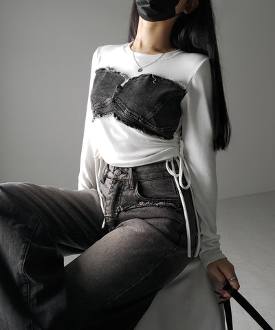 サイドリボンダメージデニムドッキングTシャツ / side ribbon damage denim docking Tee