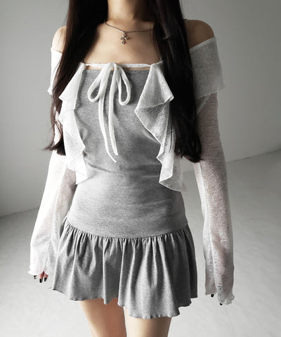 【 2点セット 】フレアキャミワンピ &シアーフリルリボンカーディガン ワンホンセットアップ / flare camisole onepiece & sheer frill ribbon cardigan wanghong SETUP