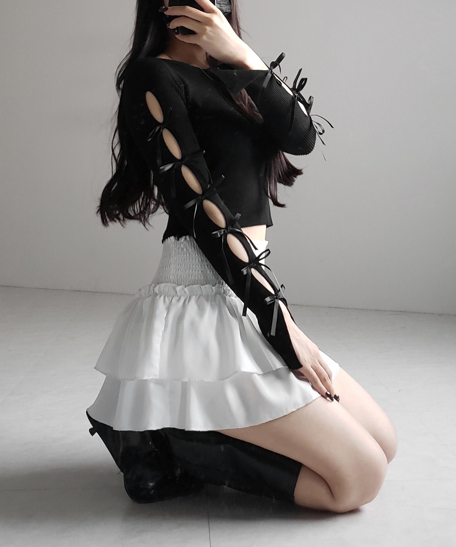 【 2color 】カットアウトリボンショートリブニット / cut out ribbon short rib knit