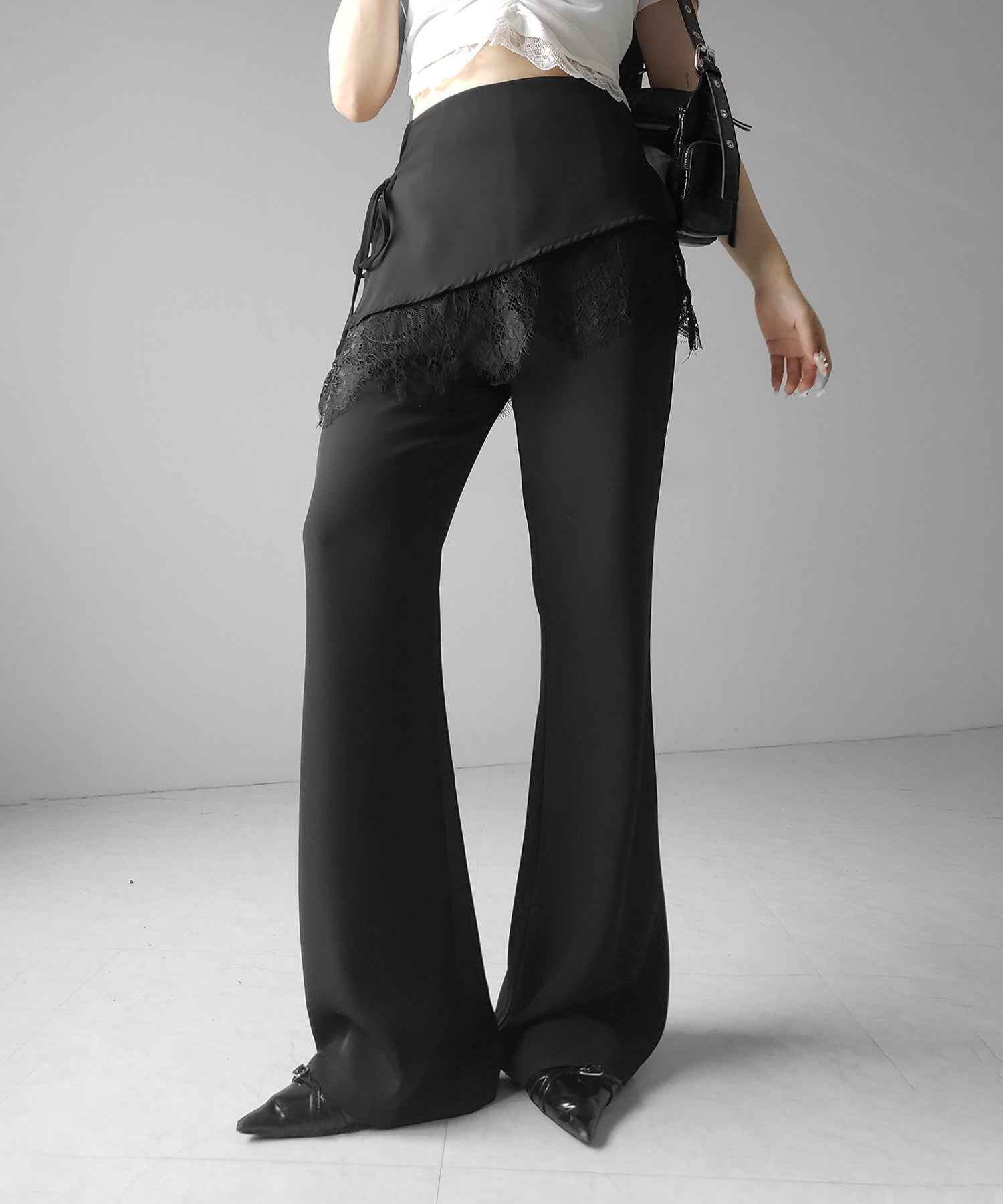 【3size 】レースレイヤードサイドリボンラップフレアスラックス / lace layered side ribbon wrap flare slacks