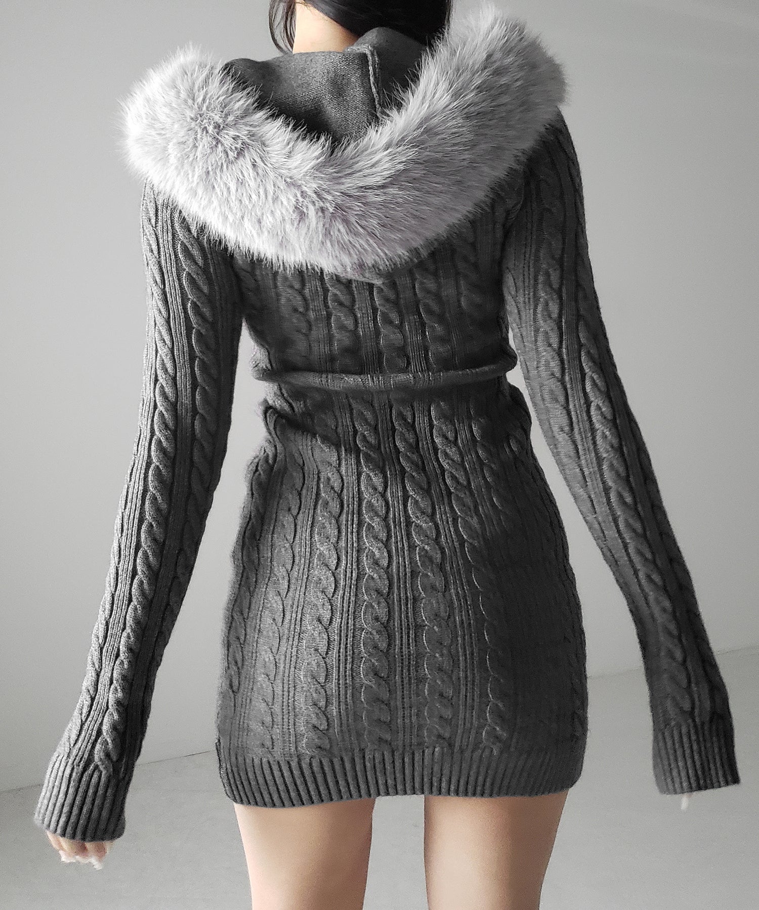 ファーフーディレースアップレディニットミニワンピース / fur hoodie lace up lady knit mini onepiece