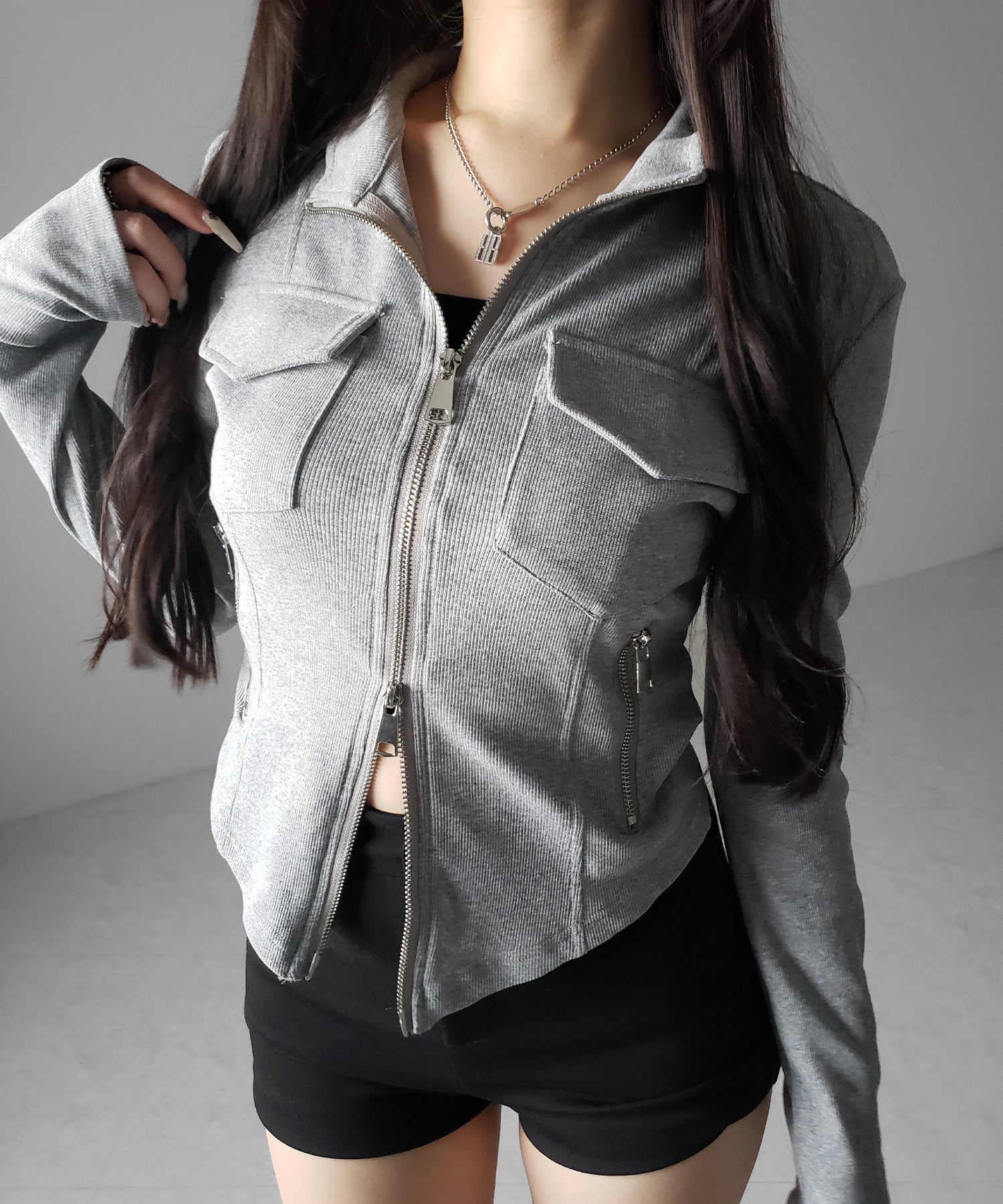 アウトポケットダブルジップスリムリブトップス / out pocket double zip slim ribbed tops