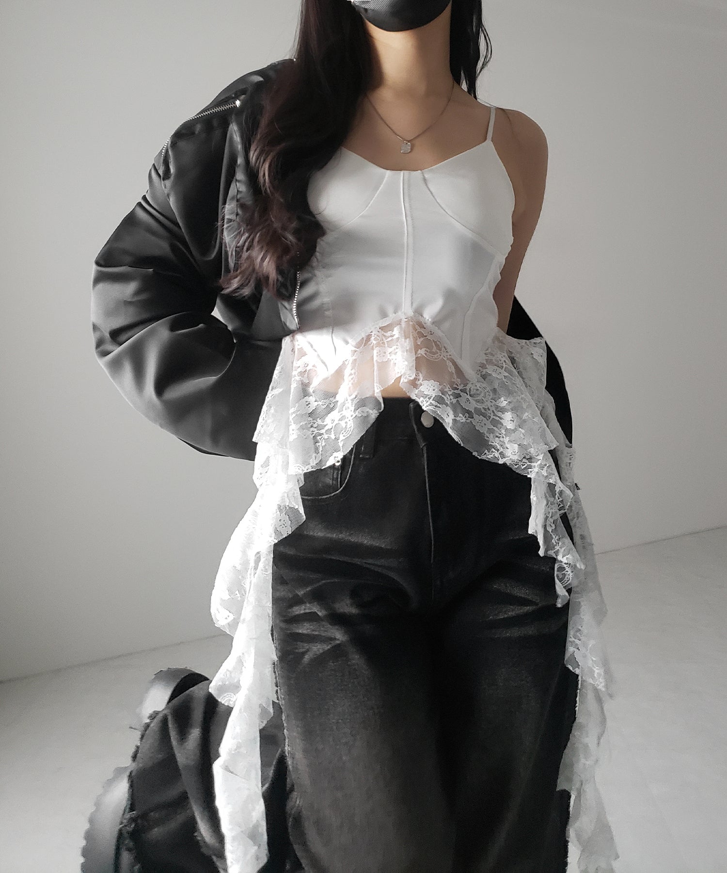 【 2color 】レースフリルレイヤードビスチェキャミソール / lace frill layered bustier camisole
