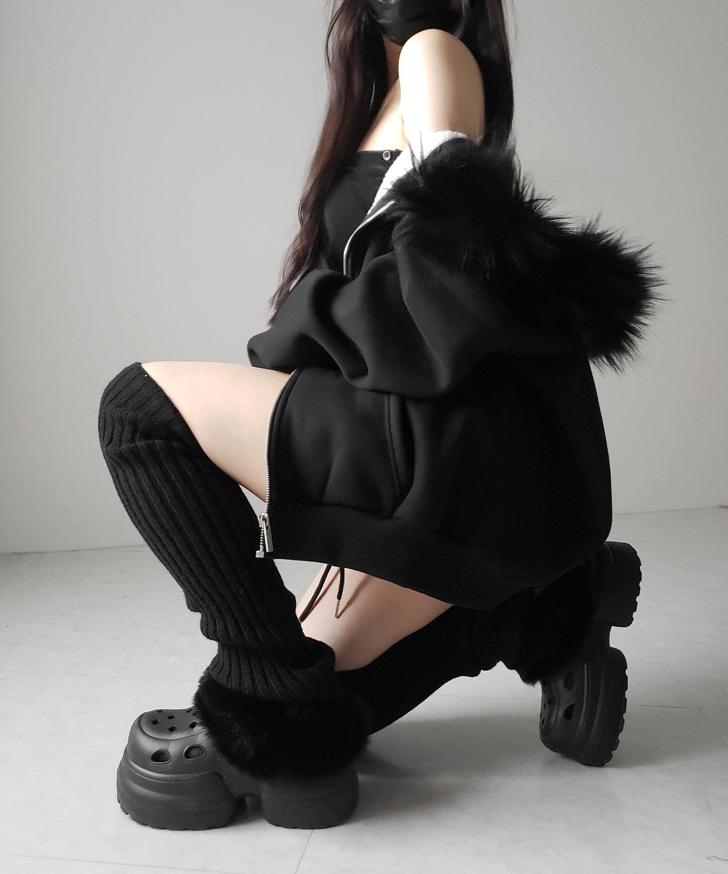 【 セットアップ 】裏起毛ファーフードオーバージップパーカー&スウェットショートパンツ / Urakimo fur over zip hoodie & sweat short pants SETUP