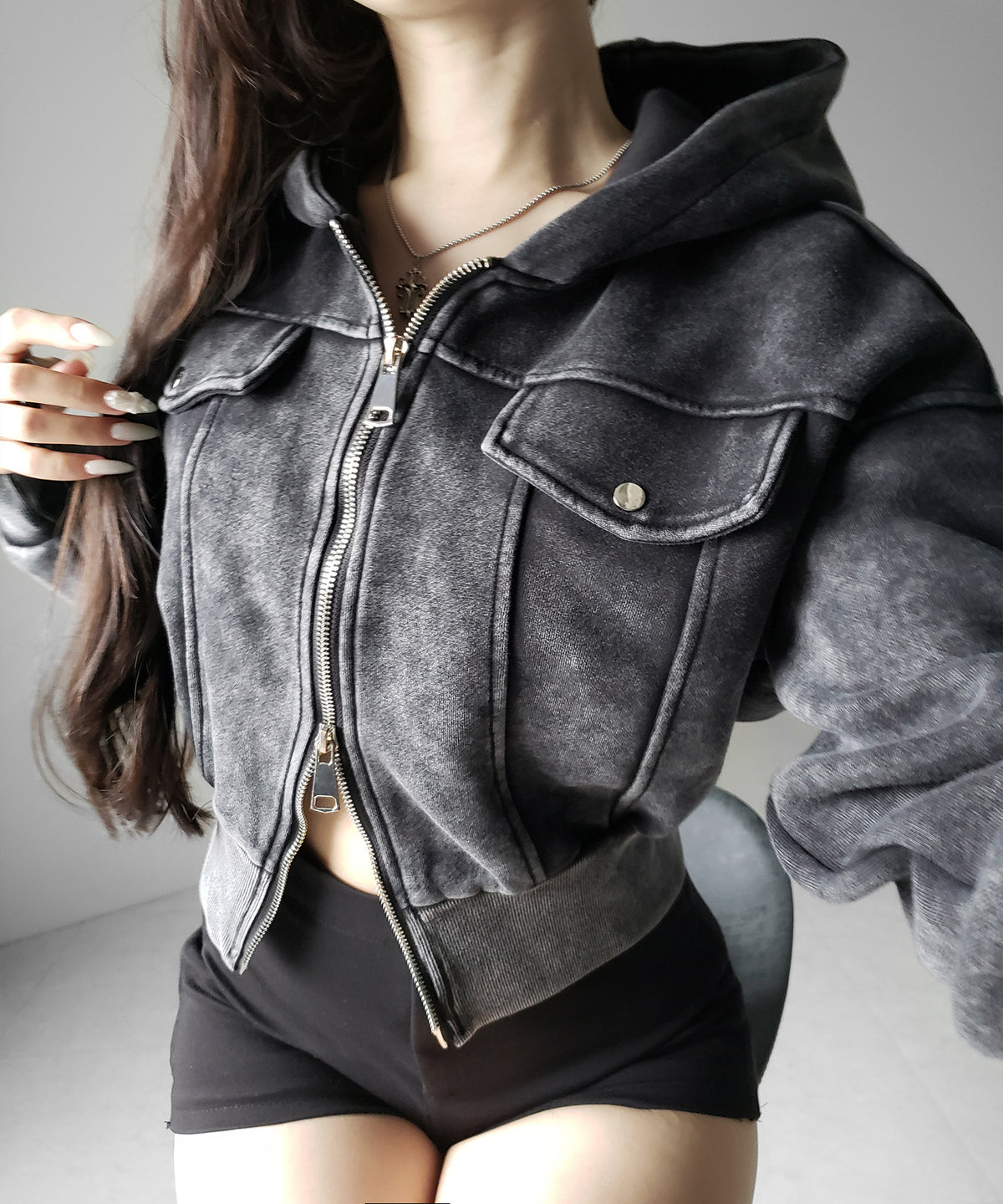 ピグメントダブルジップショートパーカー / pigment double zip short hoodie