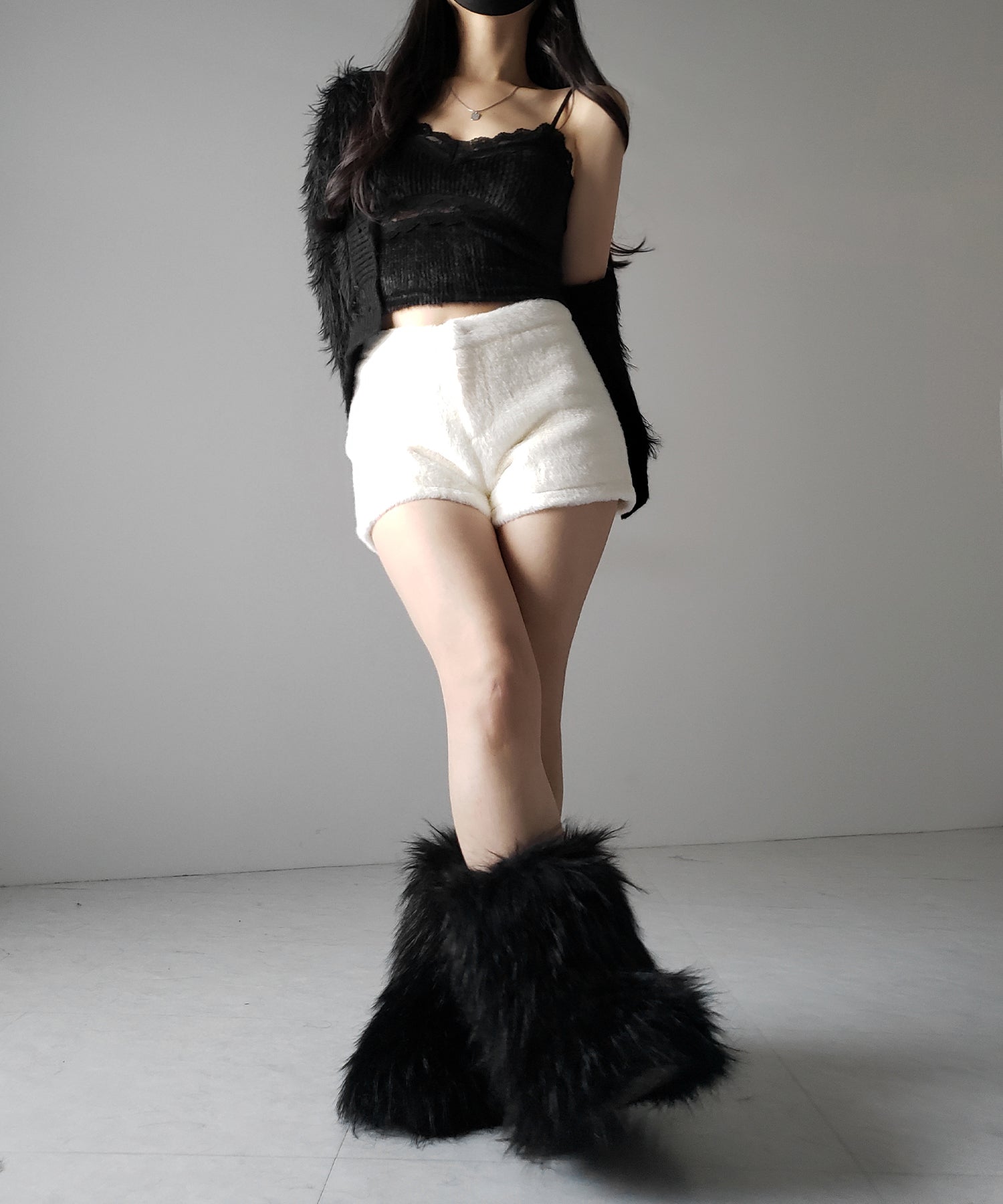 【 カップ付き 】ダブルレースシャギーファーショートビスチェキャミソール / double lace shaggy fur short bustier camisole