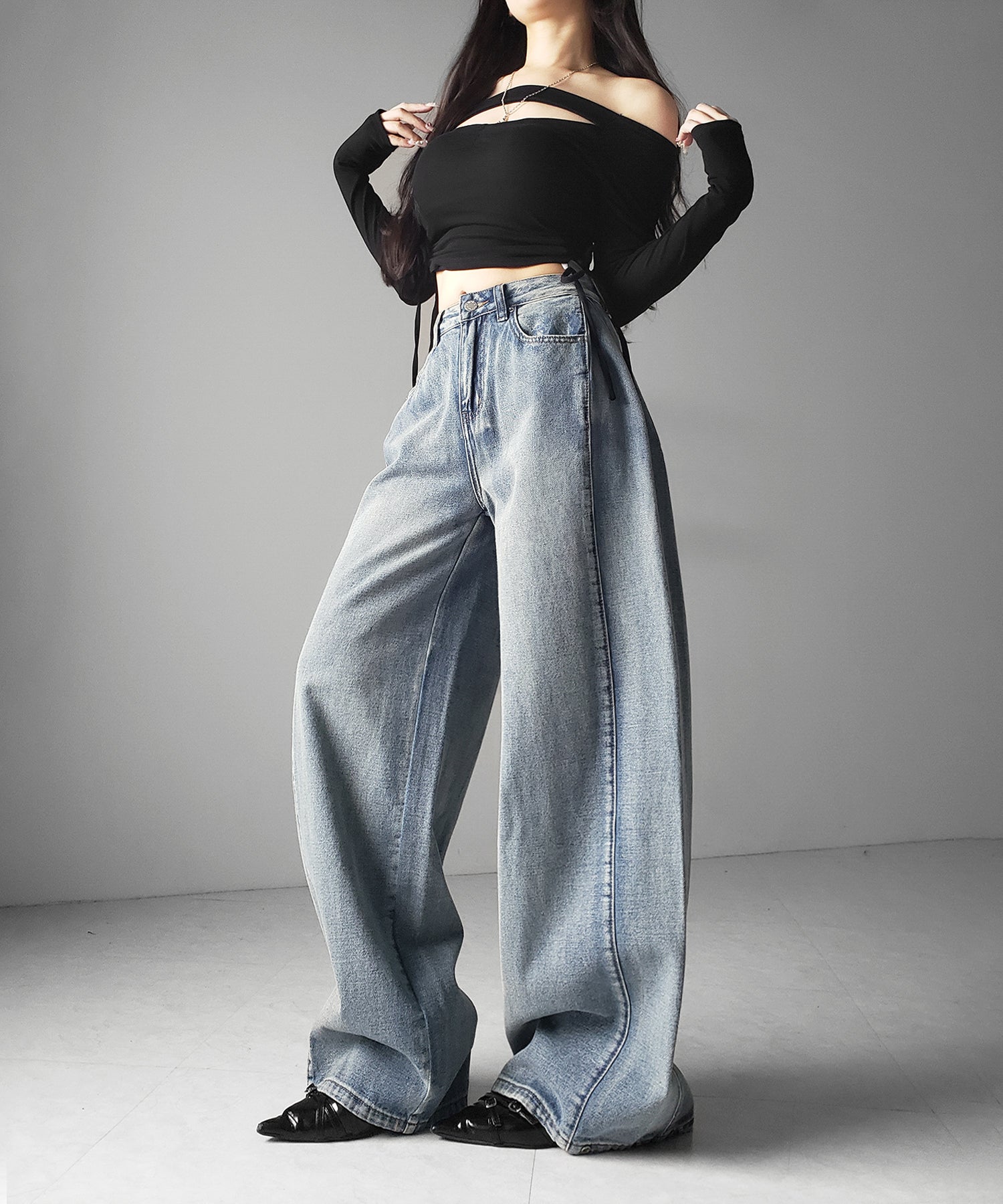 ヴィンテージライクウォッシュカーブワイドデニム / vintage like wash curve wide denim