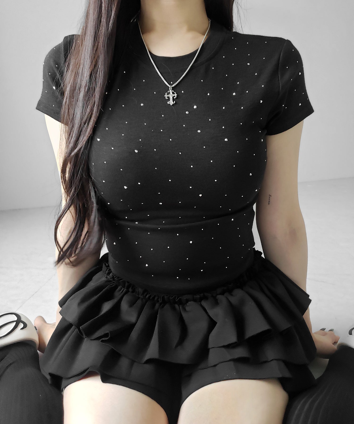 ラインストーン半袖タイトTシャツ / Rhinestone short sleeve tight T-shirt