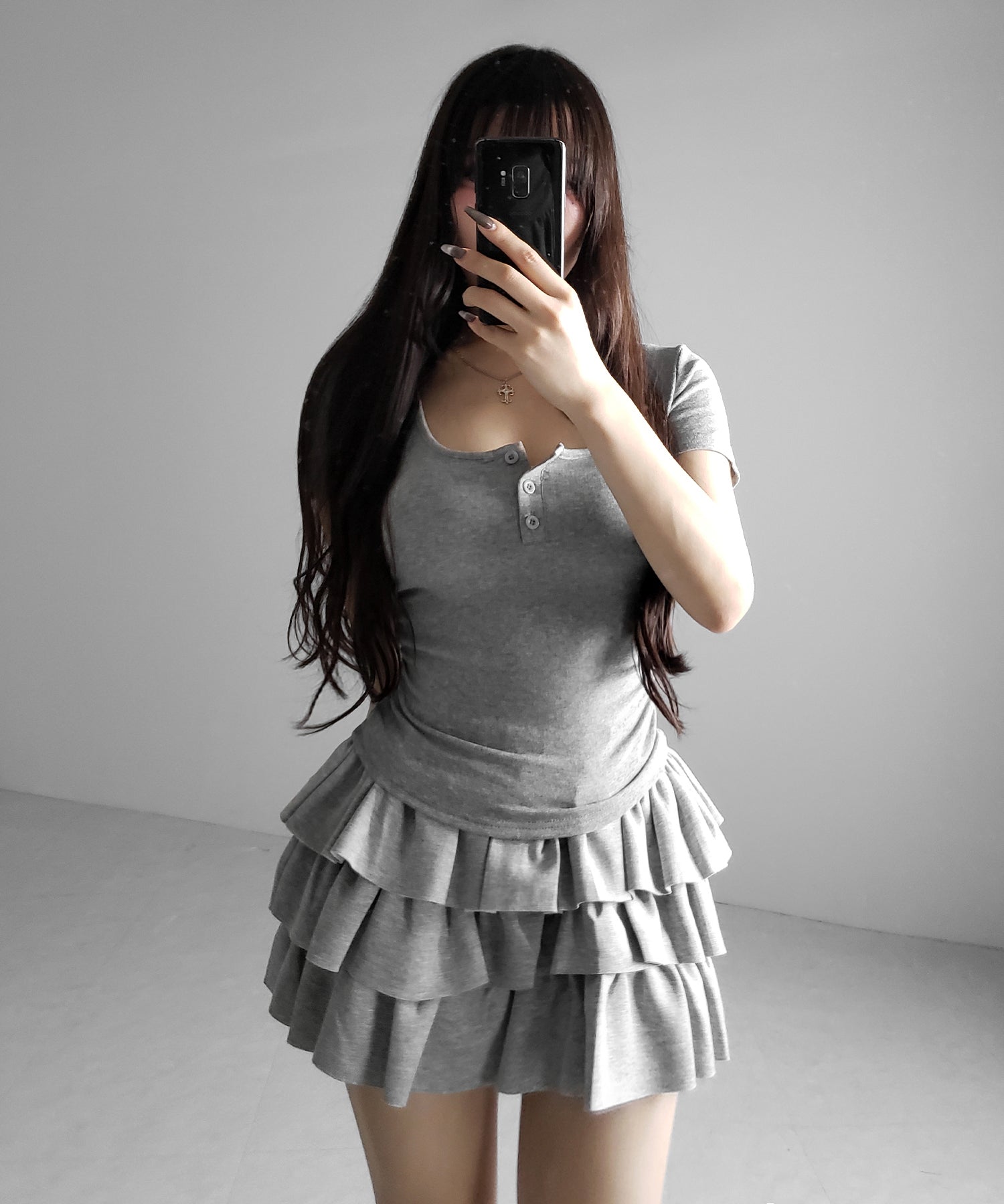ヘンリーネックスクエアギャザー半袖Tシャツ /henley neck square gather short sleeve T-Shirt