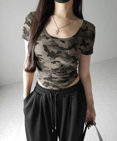 ヴィンテージカモフラスクエアネックショートTシャツ / vintage camouflage square neck short T-shirt