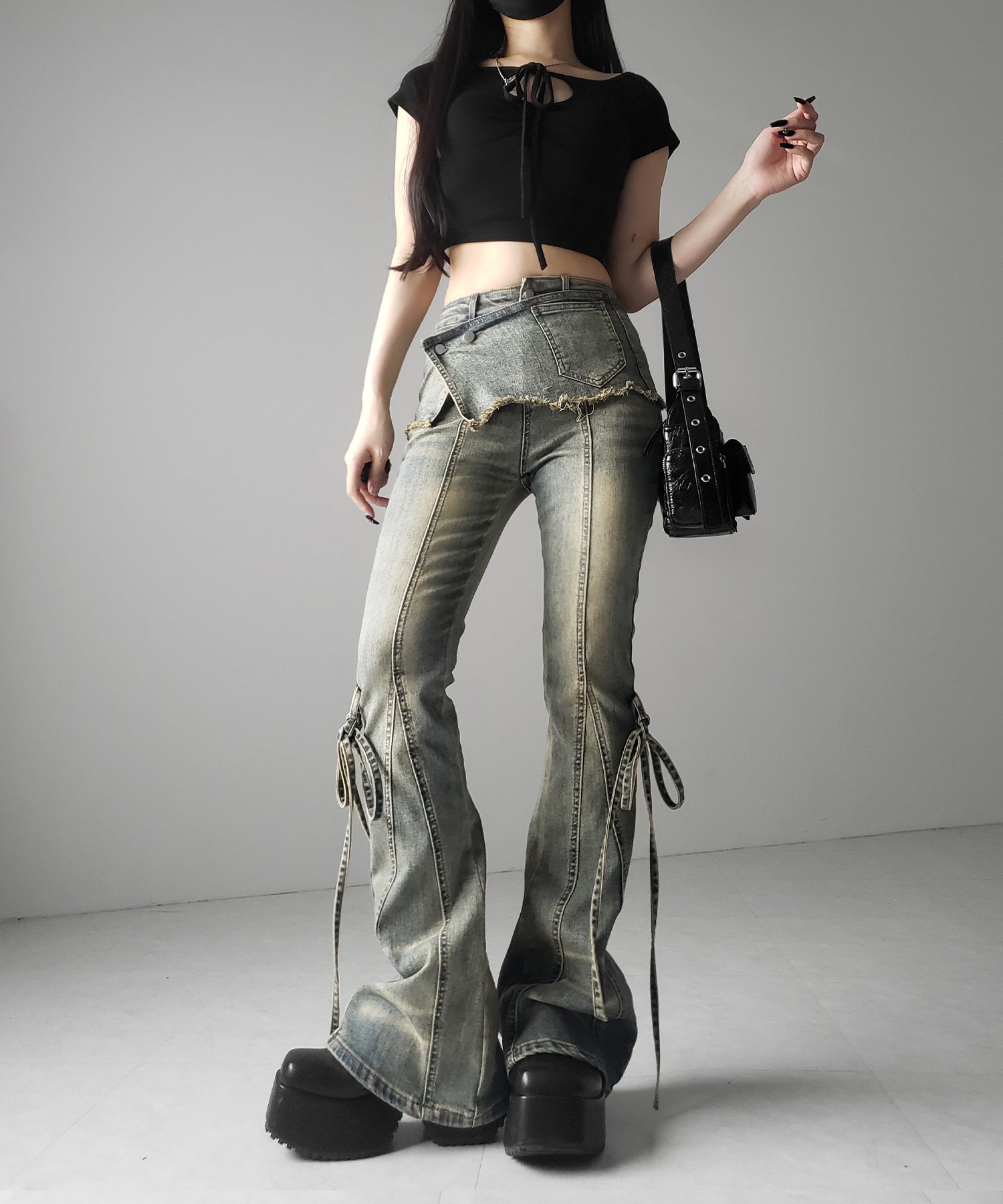 【 2color / 4size 】ストラップリボンヴィンテージストレッチフレアデニム / strap ribbon vintage stretch flare denim