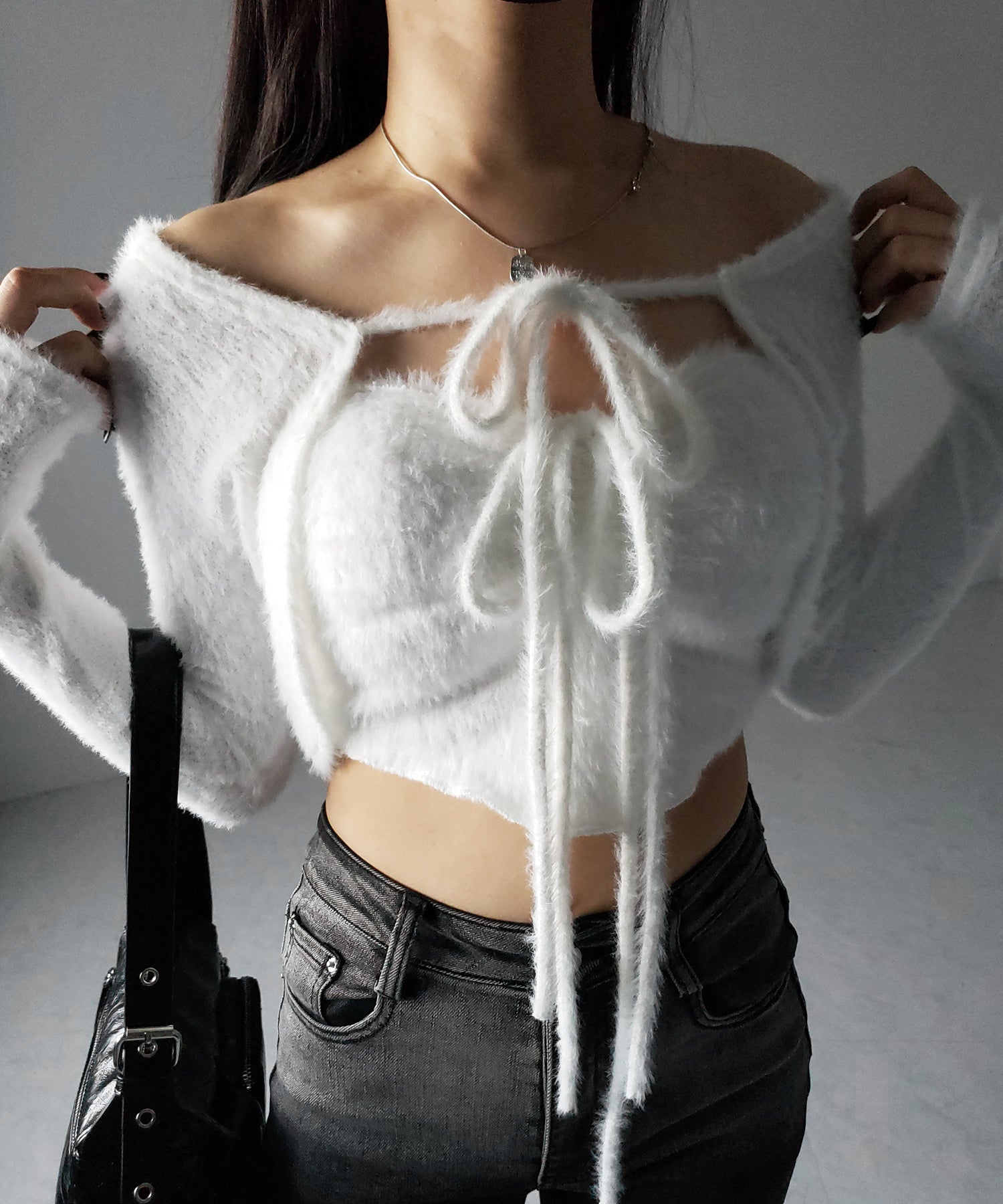【 2点セット 】シャギーリボンベアトップス & ショートシャギーカーディガン SET / Shaggy ribbon bare tops & short shaggy cardigan