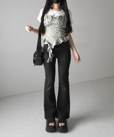 【 2点セット 】ヴィンテージデニムビスチェ & 半袖レイヤードTシャツセット / vintage denim bustier & short sleeve layered T-shirts set