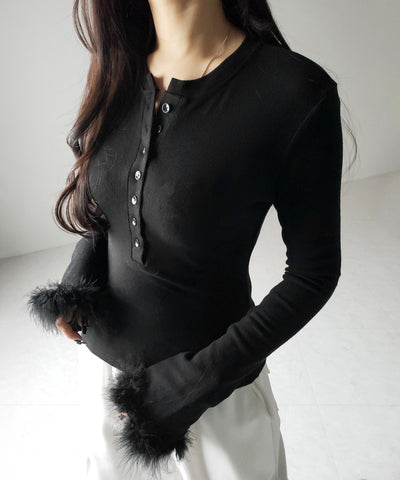 【 2color 】ファースリーブヘンリーネックリブトップス / fur sleeve henley neck lib tops