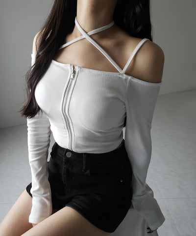 【 カップ付 】フロントジップクロスストラップオフショルトップス / front zip cross straps off-shoulder tops