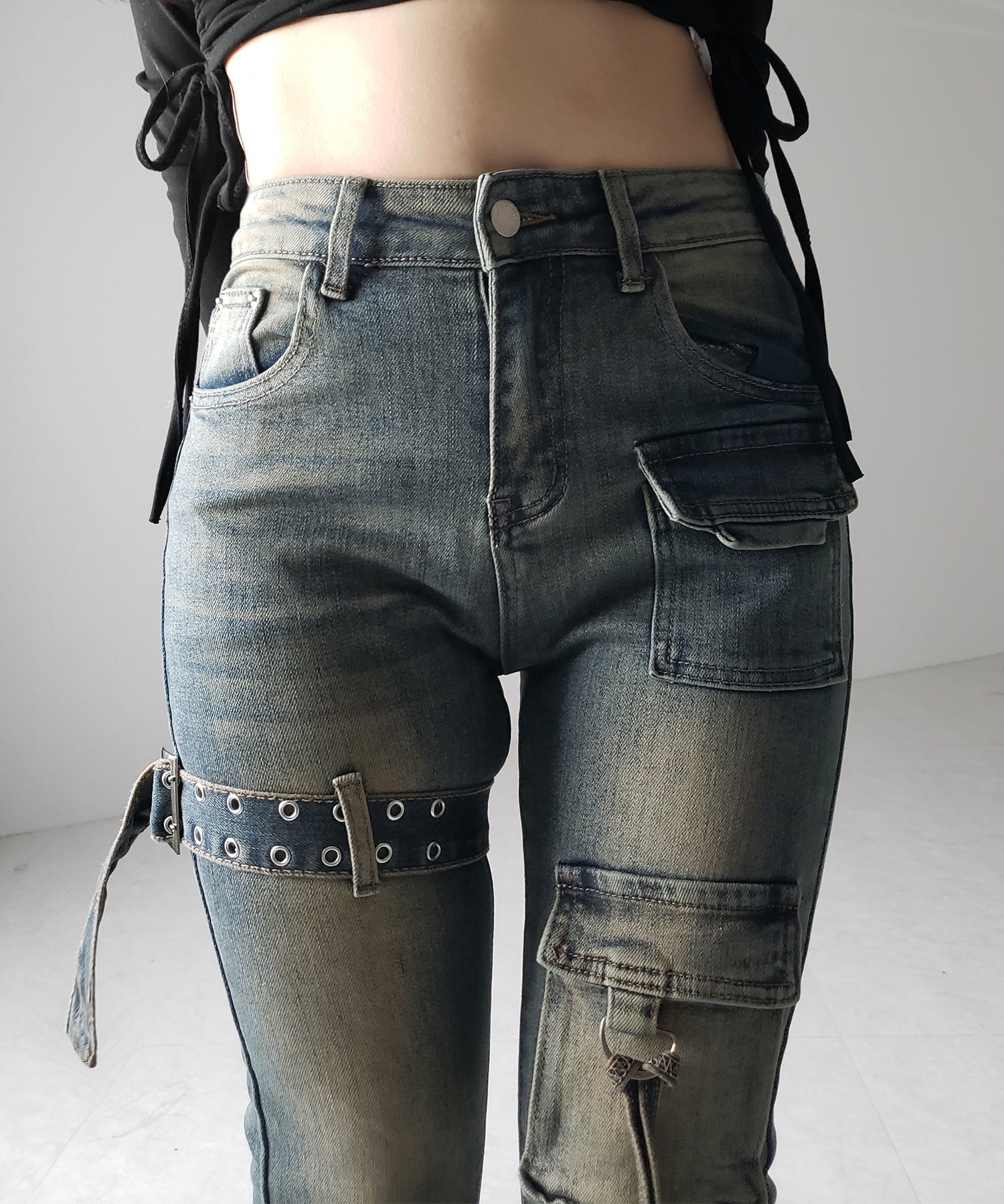 【 2color / 4size 】ベルテッドアウトポケットヴィンテージフレアデニム / belted out pocket vintage flare denim