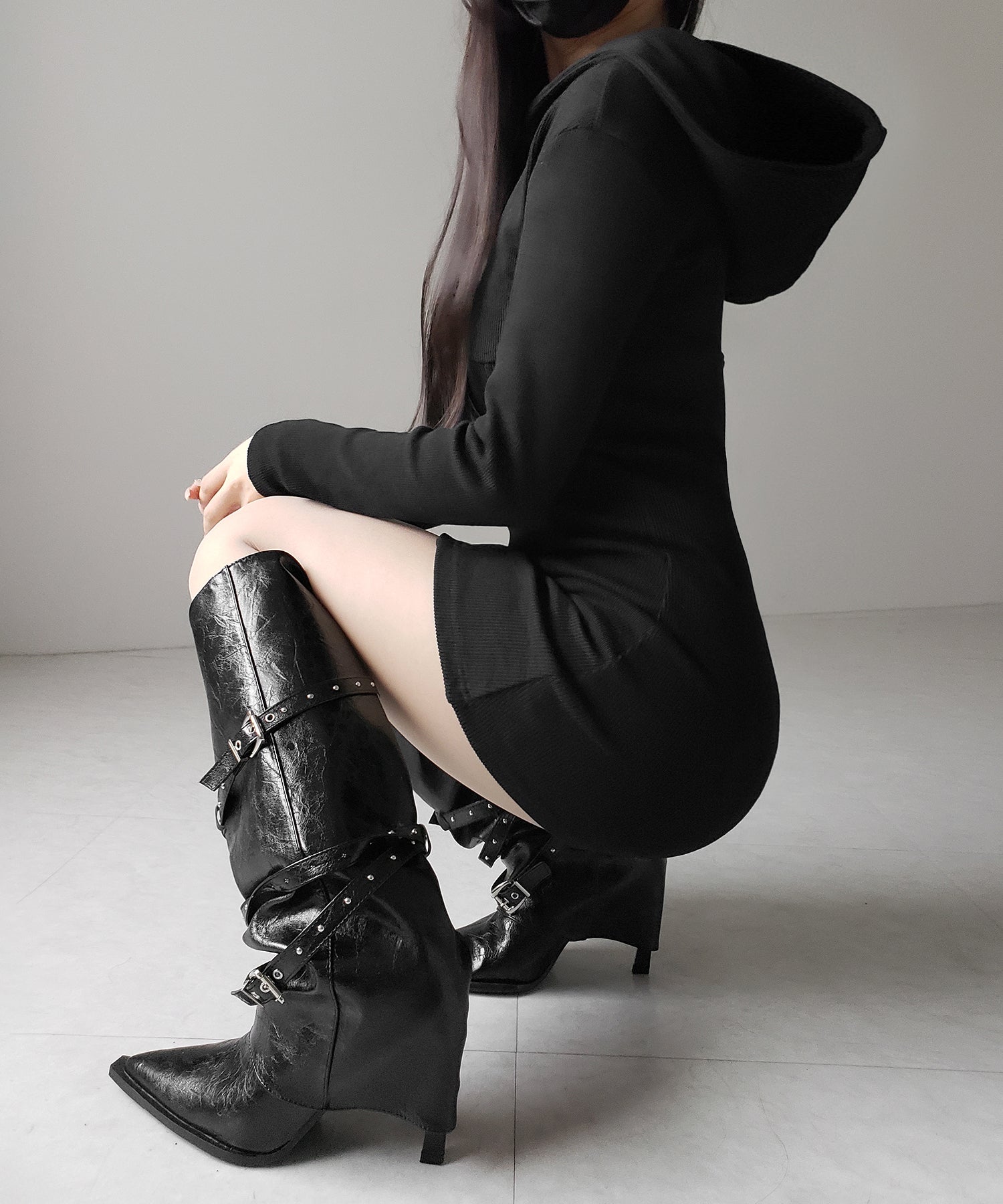 ヴィンテージレザーベルテッドロングカバーブーツ /vintage leather belted long cover boots