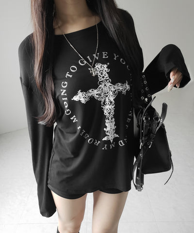 【 ワンショルにできる2way 】クロスロゴプリントワンショルルーズシアーTシャツ / 2WAY cross logo print one shoulder loose sheer T-shirt