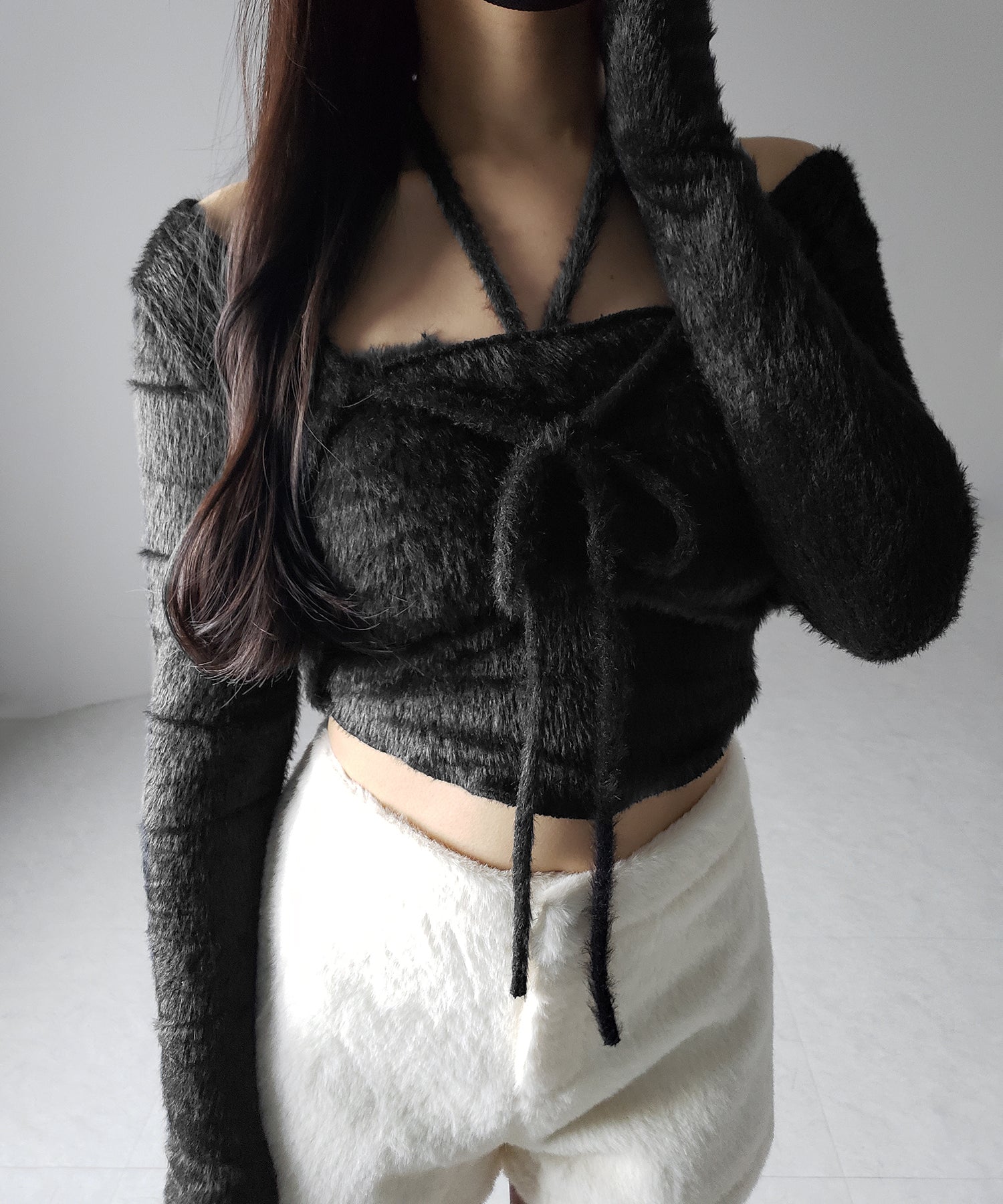 【 2点セット 】シャギーリボンベアトップス & ショートシャギーカーディガン SET / Shaggy ribbon bare tops & short shaggy cardigan
