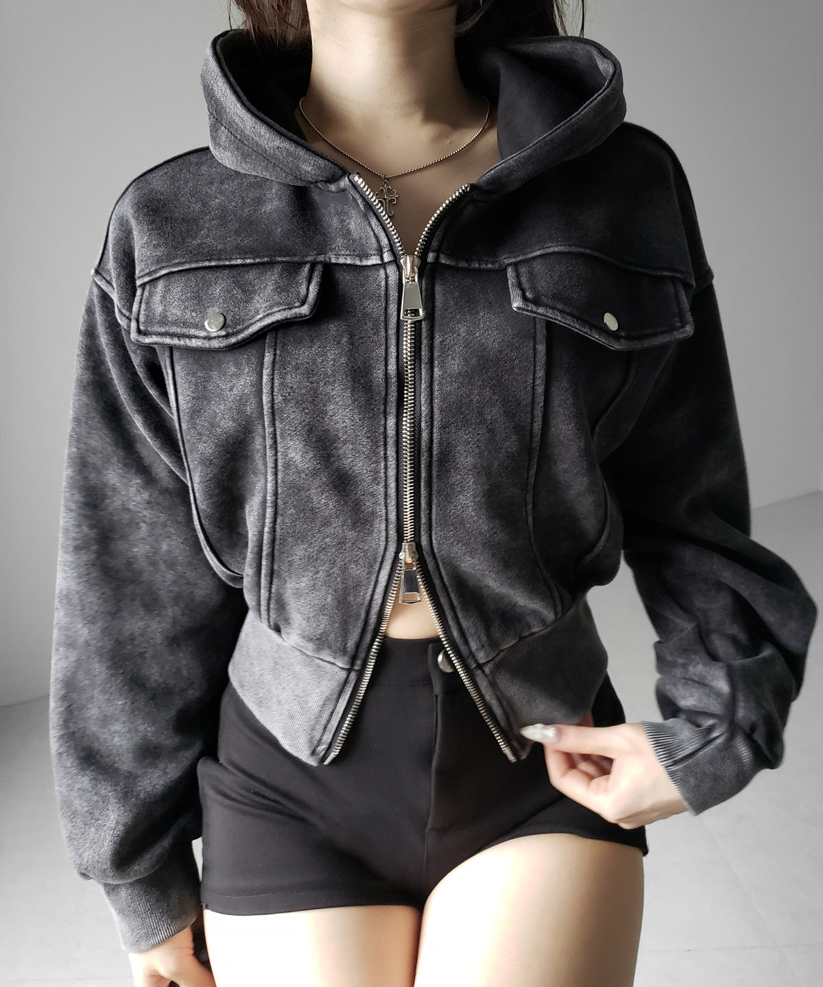 ピグメントダブルジップショートパーカー / pigment double zip short hoodie