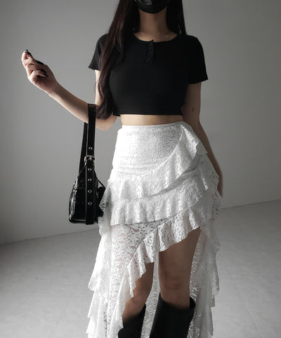 【 裏地付 】アシンメトリーフリルレーススリットロングスカート / asymmetry frill lace slit long skirt