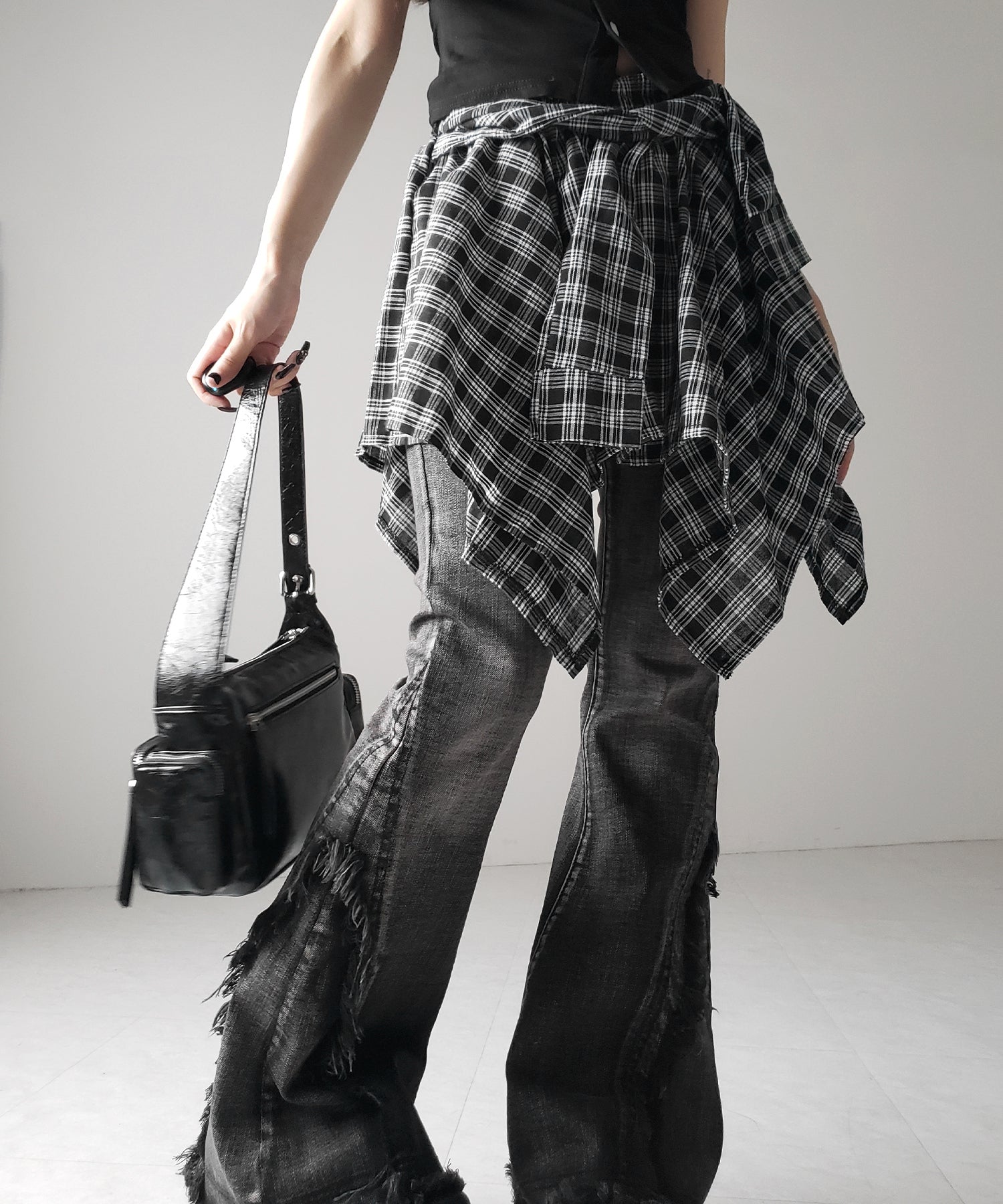 【 選べる2素材/インナーパンツ裏地付 】シャツレイヤードチェックミニスカート / shirt layered check mini skirt