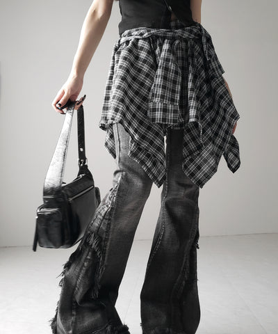 【 選べる2素材/インナーパンツ裏地付 】シャツレイヤードチェックミニスカート / shirt layered check mini skirt