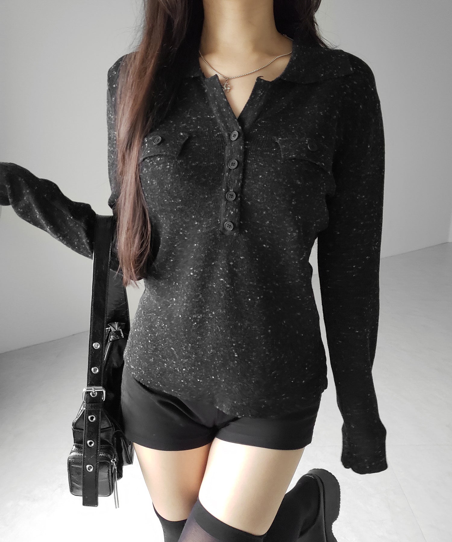スキッパーボタン長袖ロングニットトップス / skipper button long sleeve long sheer knit tops