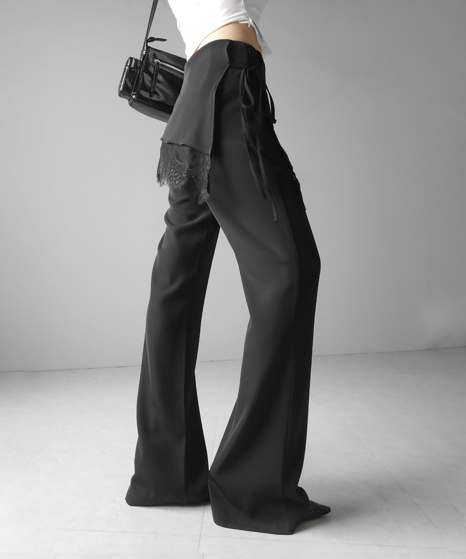 【3size 】レースレイヤードサイドリボンラップフレアスラックス / lace layered side ribbon wrap flare slacks