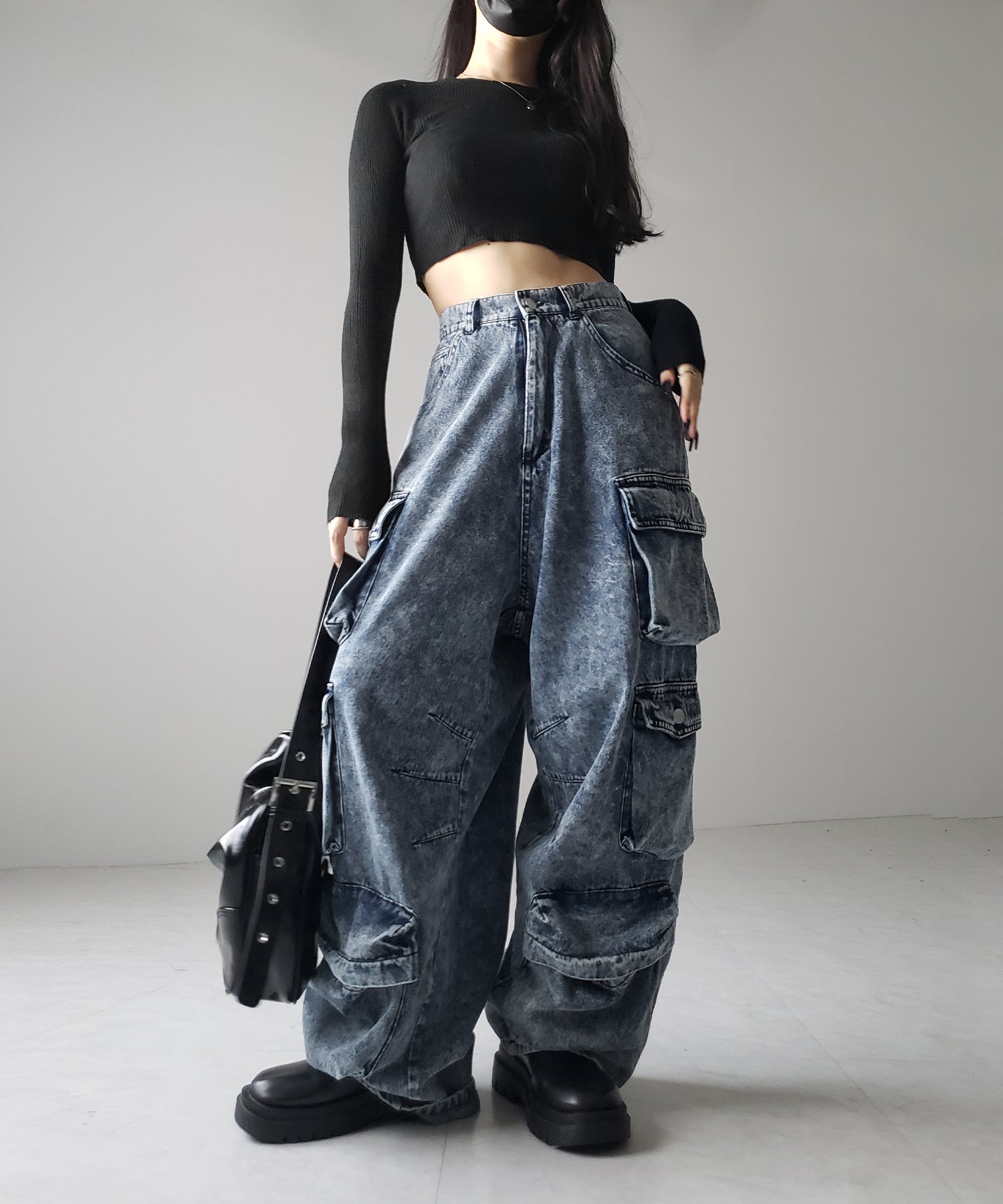 【 デニムセットアップ着用可能 】ヴィンテージケミカルブリーチヘビーワイドカーゴデニム / vintage chemical bleach heavy wide cargo denim