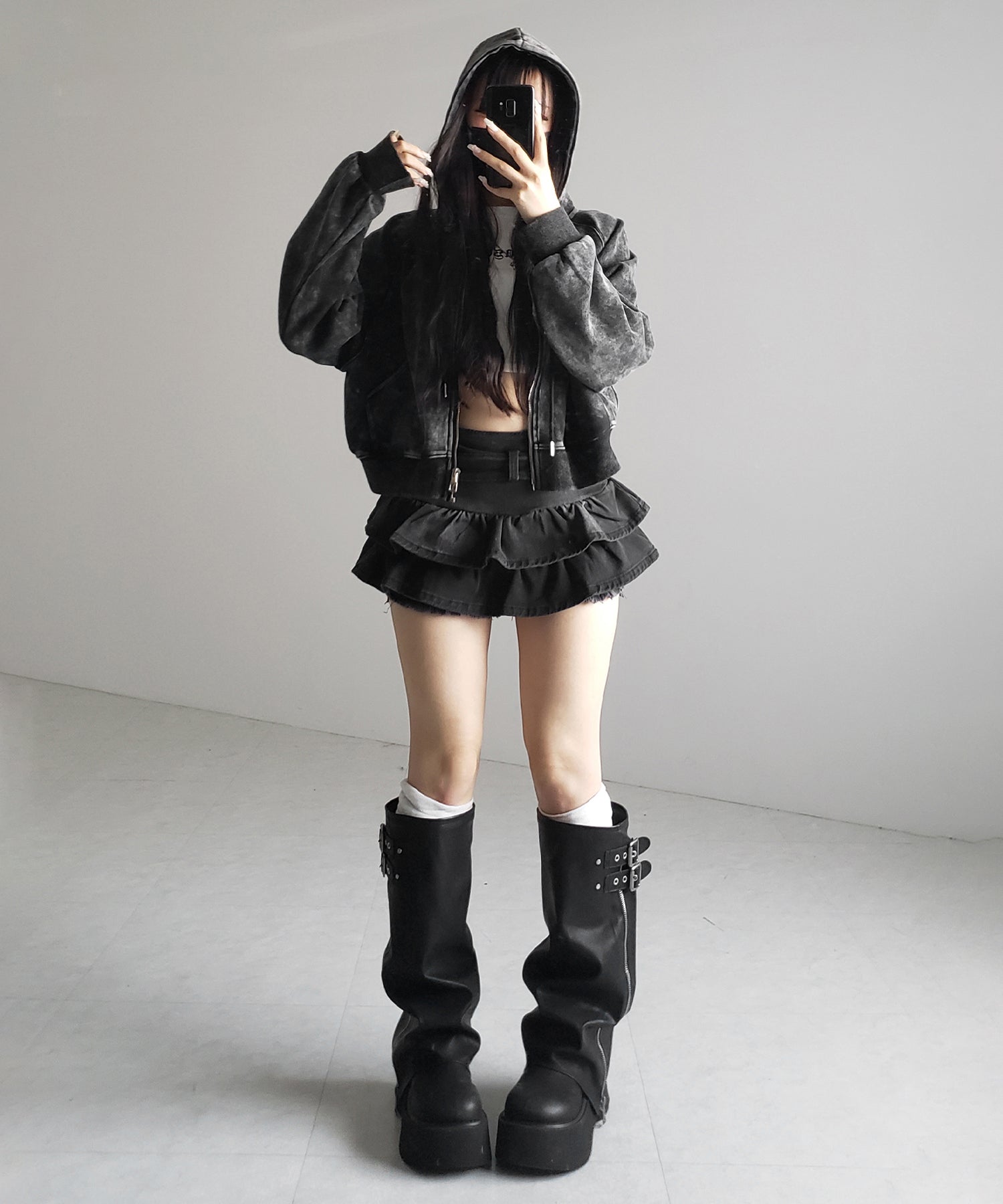 【 2color 】ベルテッドフリルヴィンテージデニムミニスカパン / Belted frill vintage denim mini skirt pants