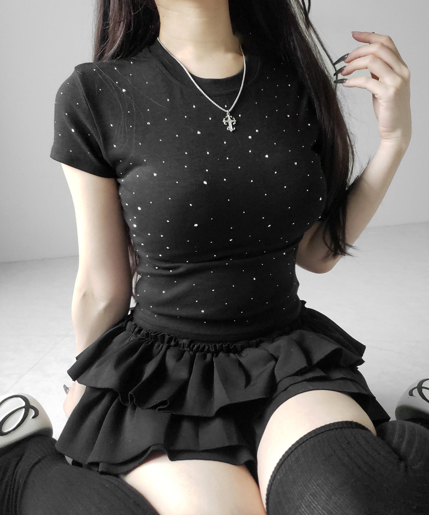 ラインストーン半袖タイトTシャツ / Rhinestone short sleeve tight T-shirt