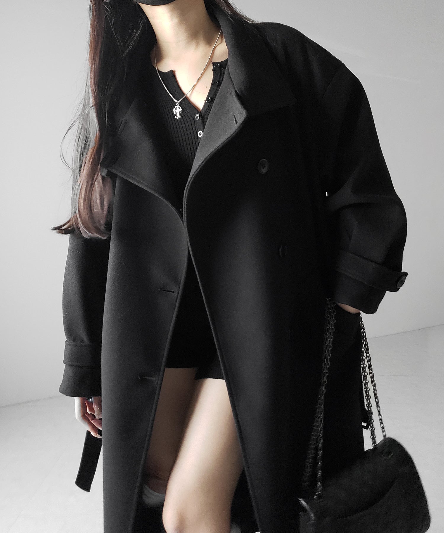 【 ウエストマークベルトSET 】2WAY スタンドカラーレディメルトントレンチロングコート / 2WAY stand collar lady melton trench long coat
