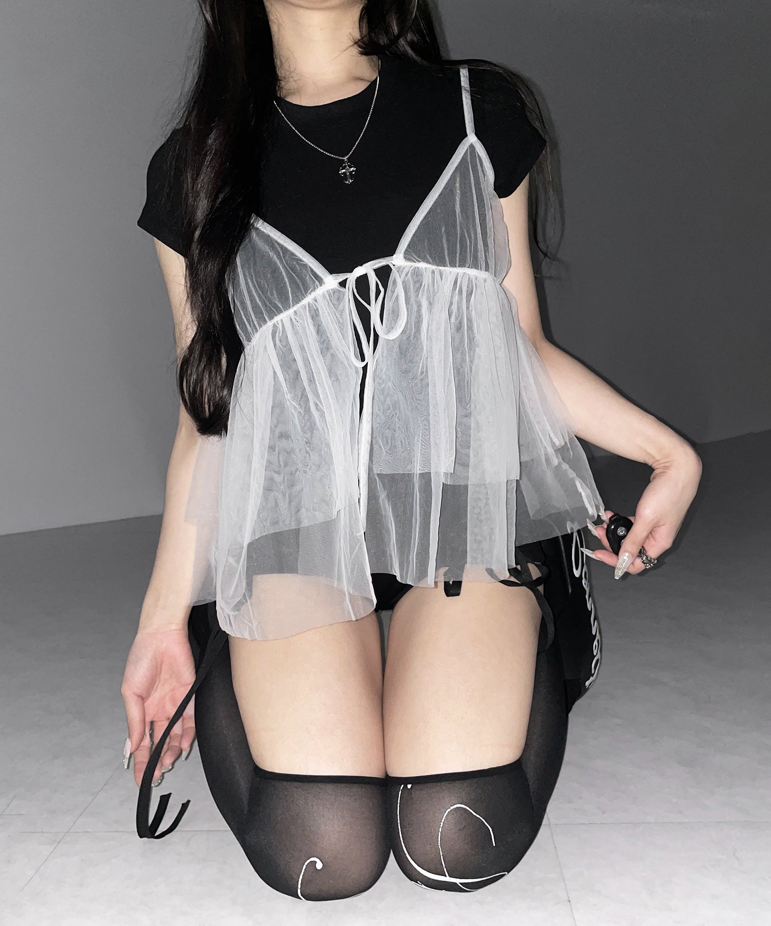 フロントリボンチュールキャミソール / front ribbon tulle camisole