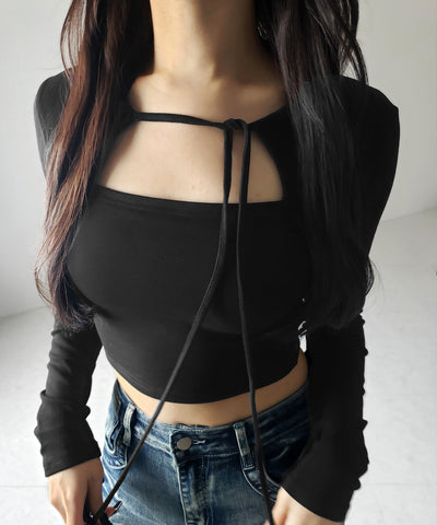 【 2WAY / 裏起毛 】フロントリボンカットアウトドッキングショートトップス / front ribbon cutout docking short tops