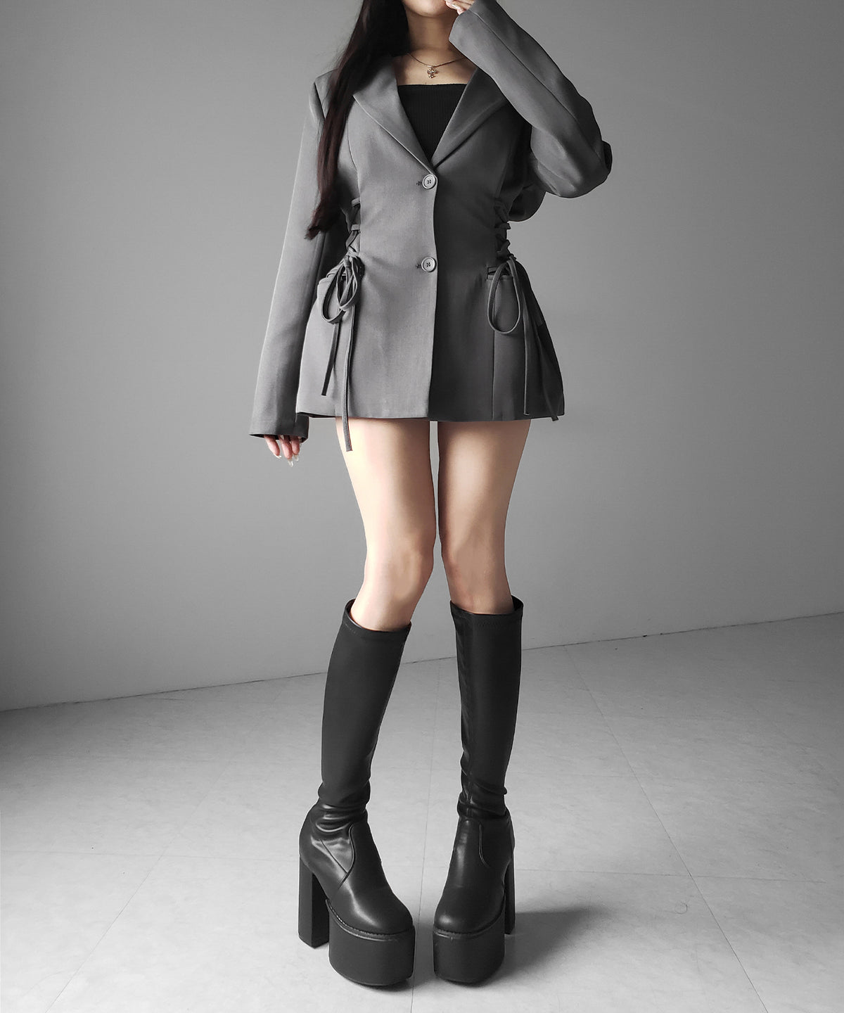 レースアップリボンスリムテーラードジャケット / lace-up ribbon slim tailored jacket
