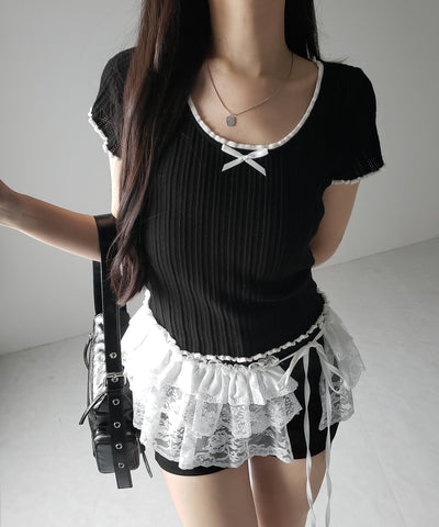 ミニリボンオープンネック半袖ニットトップス / mini ribbon open neck short sleeve knit tops