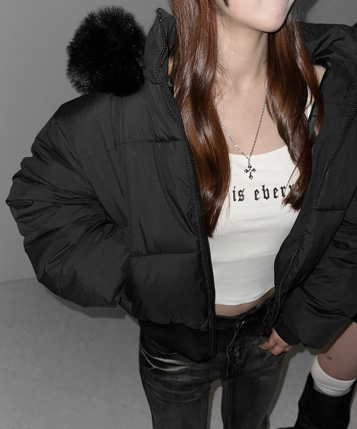 【 フード取り外し可能2WAY 】フェイクファーフードショート中綿ジャケット / 2WAY fake fur hoodie short fake down jacket