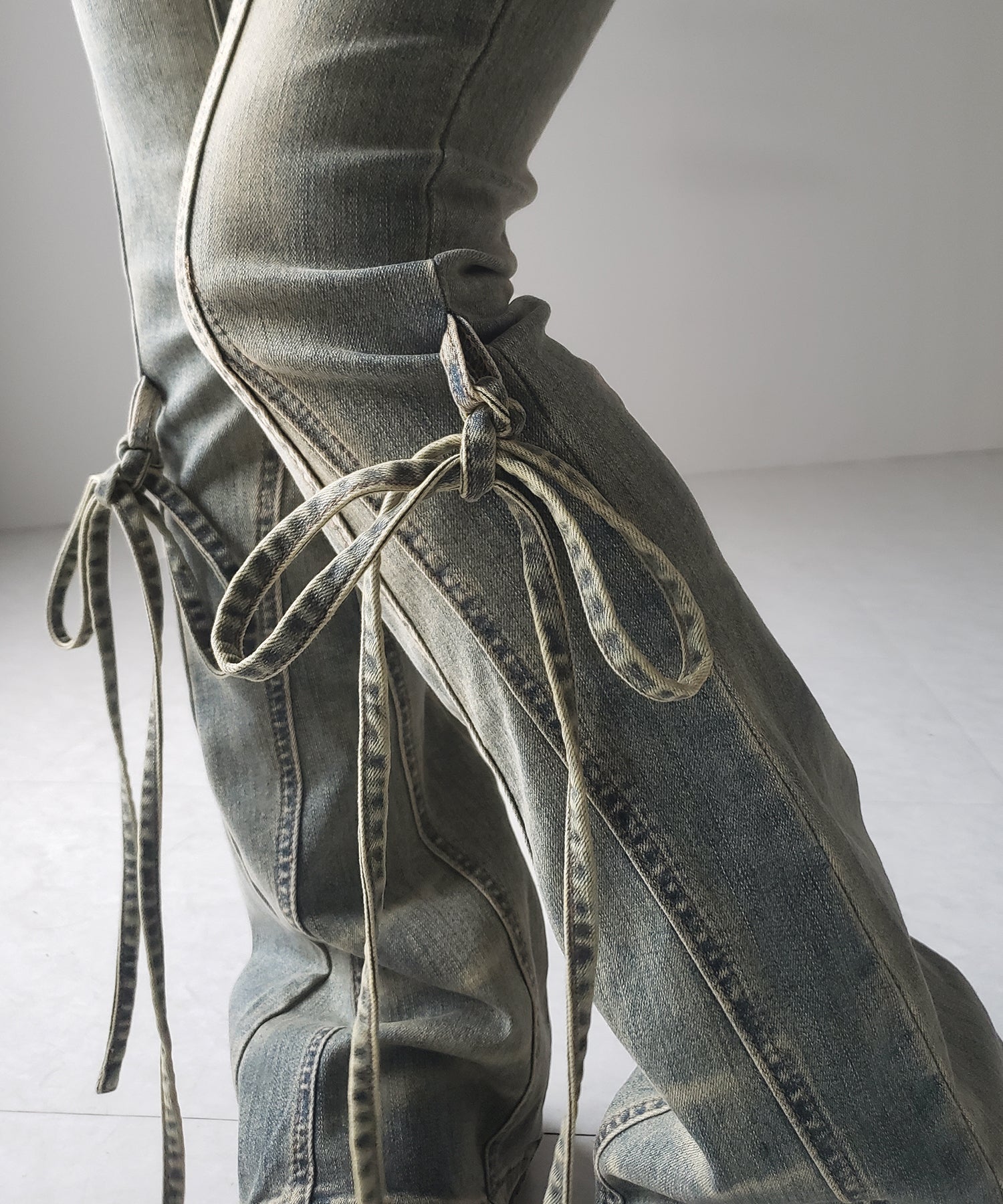 【 2color / 4size 】ストラップリボンヴィンテージストレッチフレアデニム / strap ribbon vintage stretch flare denim