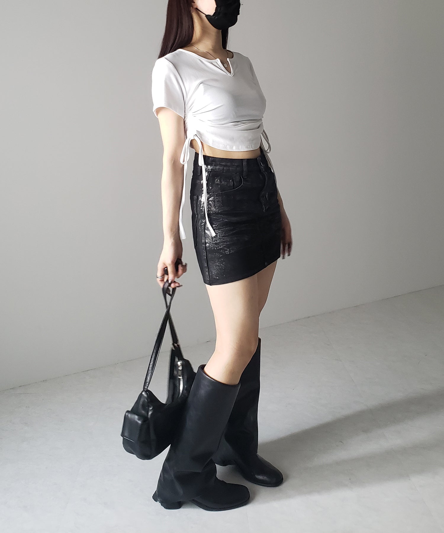 【 2color 】サイドシャーリングリボン半袖ショートTシャツ / side shirring ribbon short Tee