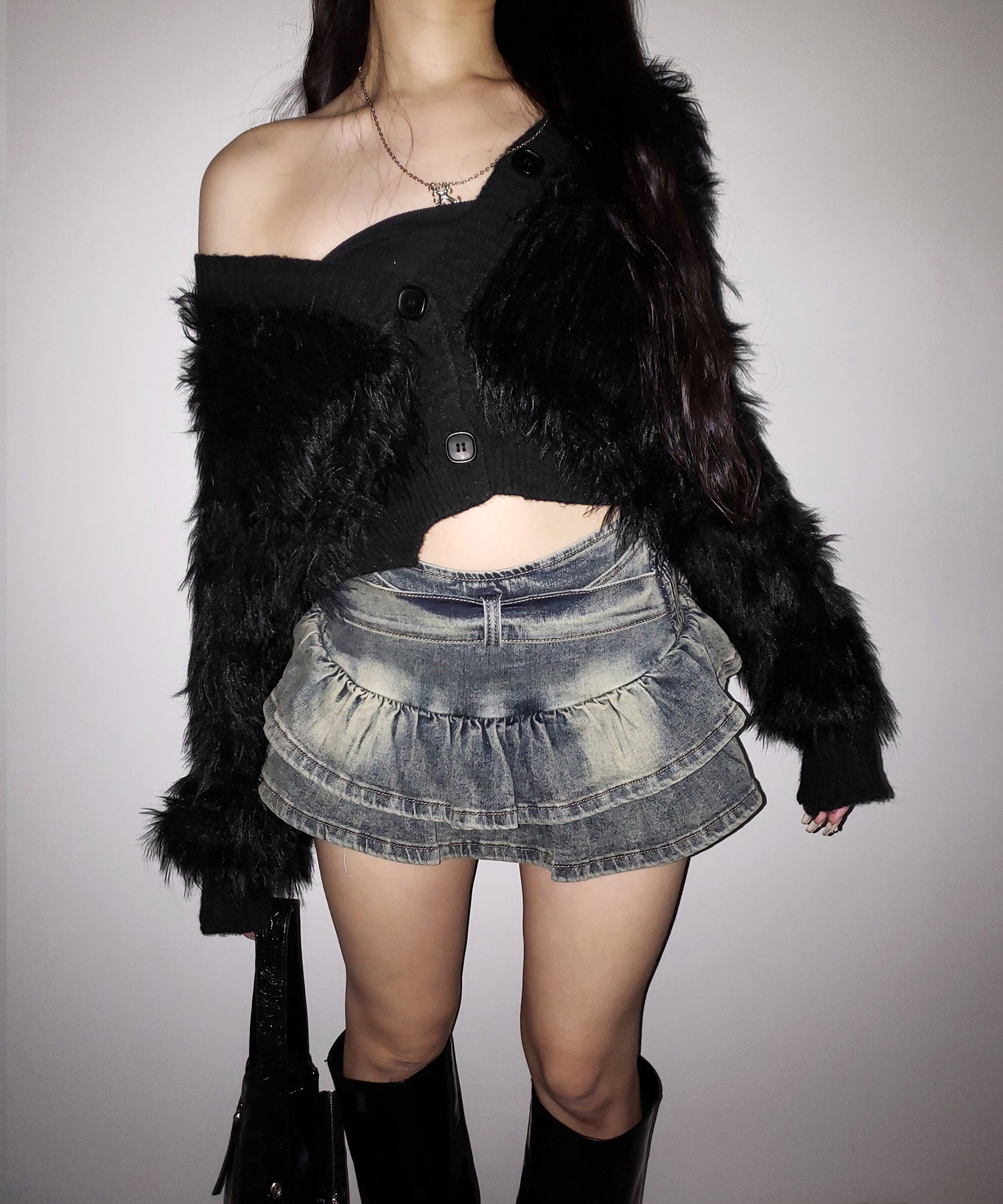 【 2color 】ベルテッドフリルヴィンテージデニムミニスカパン / Belted frill vintage denim mini skirt pants