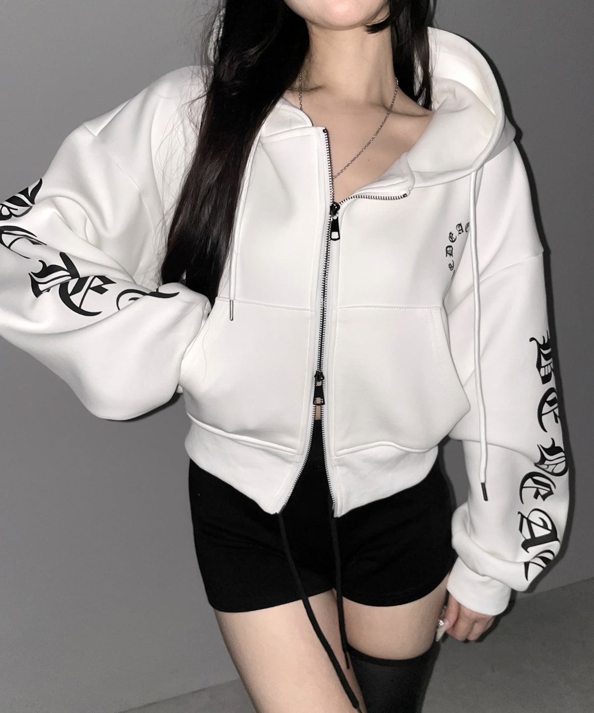 グランジロゴダブルジップショートパーカー / grunge logo double zip short hoodie