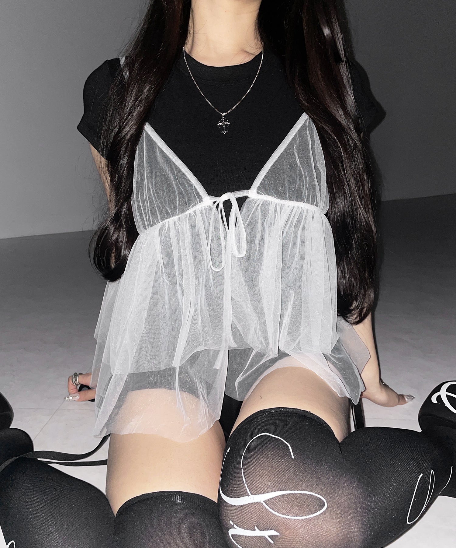 フロントリボンチュールキャミソール / front ribbon tulle camisole